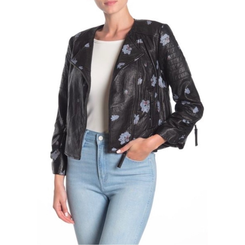 NWOT Joie Thisbe Moto Black Floral Lamb Leather Jacket Size XS